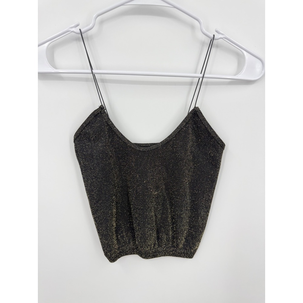 Free People Skinny Strap Brami Crop Tank Top sz XS Black Gold Metallic Shimmer